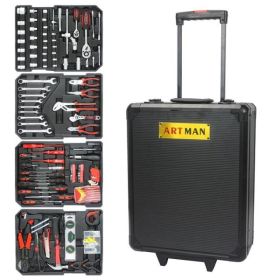 Black Manual Toolbox With 4 Layers Of Tool Sets And Wheels (Option: Black)