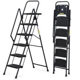Portable 5-Step Ladder, Steel Construction With Compact Foldable Stool (Option: 5 steps black)