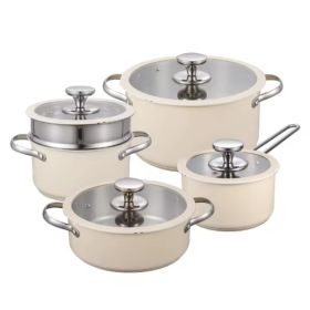 9pcs Stainless Steel Ceramic Coated Pot Set, Including 1 Milk Pot, 2 Stockpots, 1 Non-stick Pan, 4 LIDS And 1 Steamer (Option: beige)